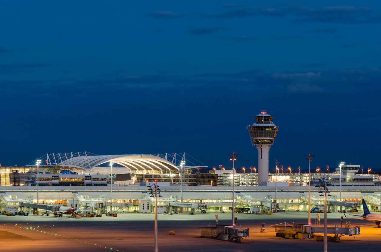 Munich Airport at Night, Munich, Bavaria, Germany.